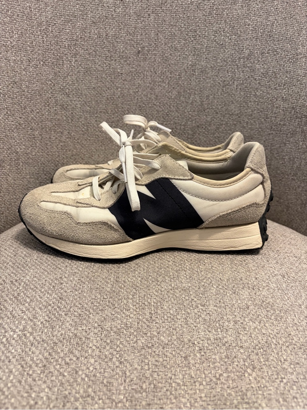 NEW BALANCE 327- boys size 5 in a "Sea Salt", “Silver Birch" and Black colorway